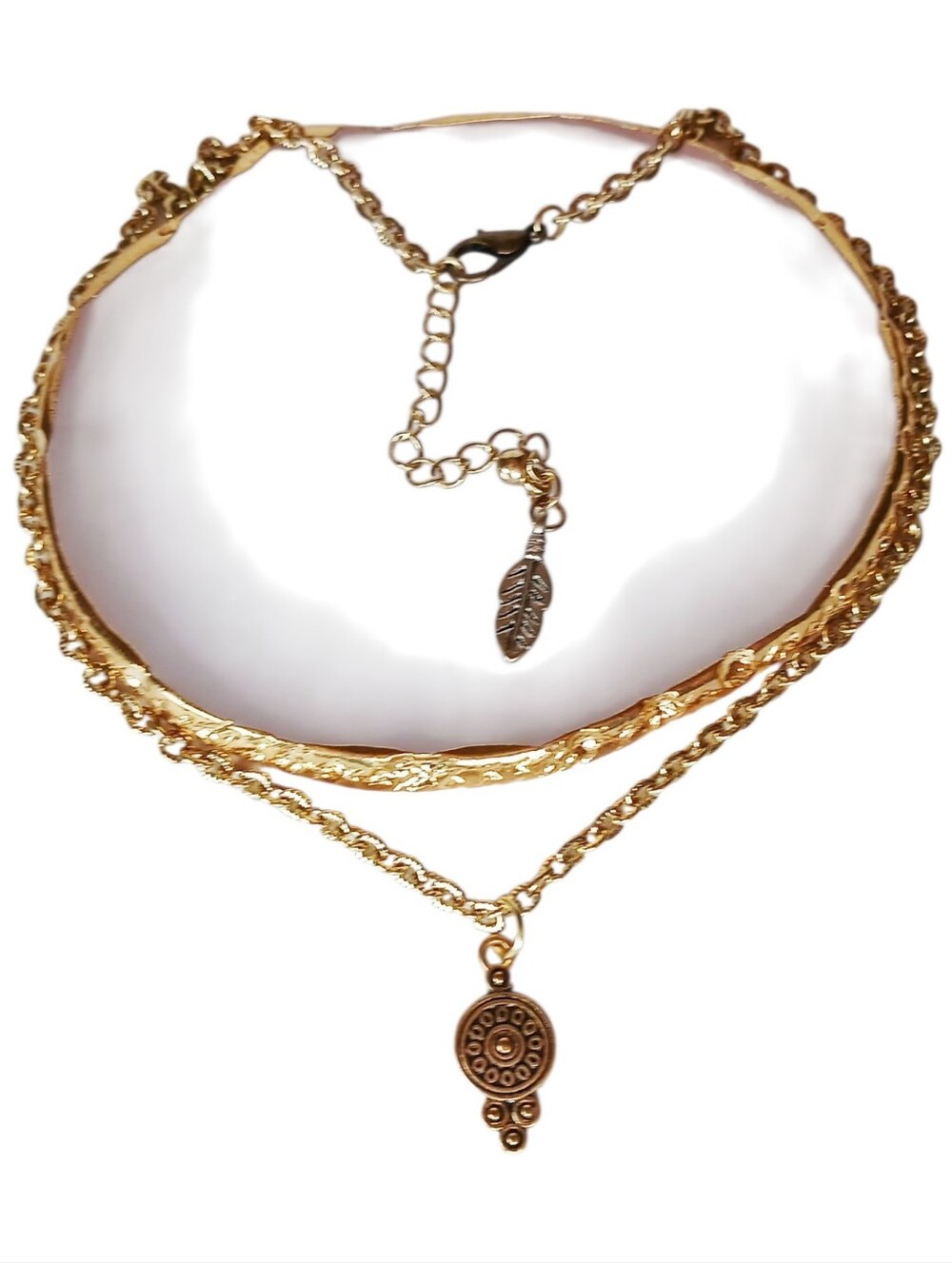 Gold Choker Collar Pendant Necklace Boho Bold Whimsigoth Viking Shield 70s 1990s